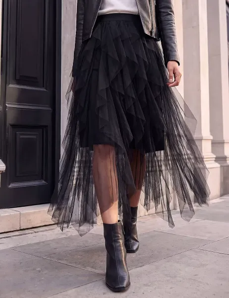 Roman Mesh Midaxi Tiered A-Line Skirt Black