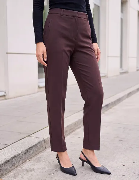 Roman Straight Leg Ankle Grazer Trousers with Stretch Dark Brown