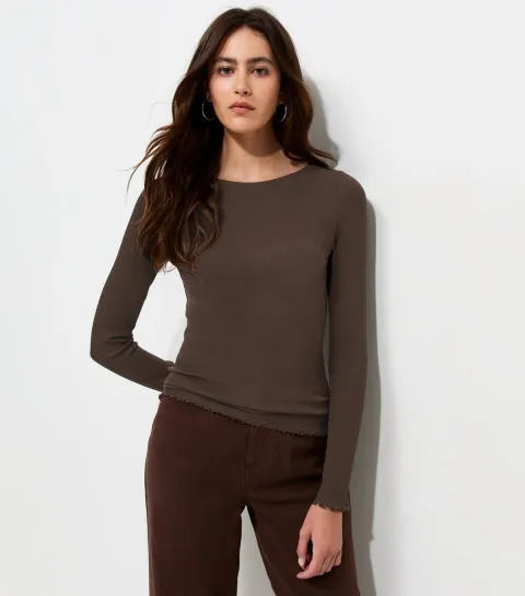 Women's Dark Brown Cotton Rich Babylock Slash Neck Long Sleeve Top
