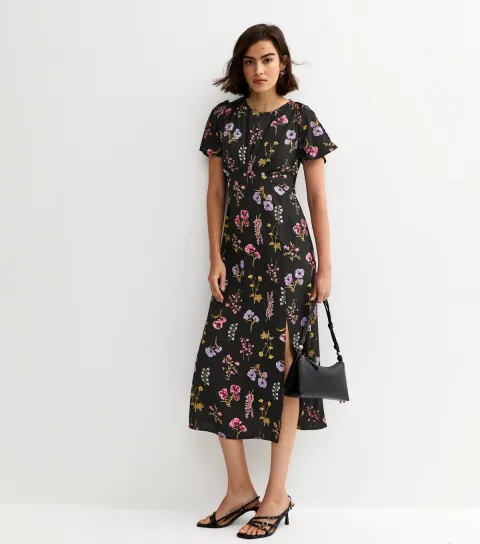 Women's Black Floral Flutter Sleeve Midi Dress