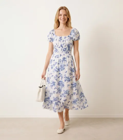 Women's Blue Cotton Floral Puff Sleeve Midi Dress