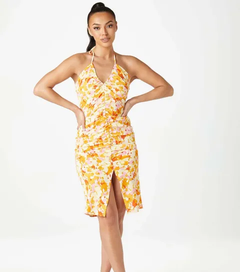 Women's Yellow Floral Print Halter Neck Slip Dress