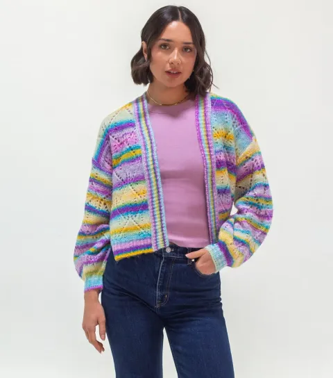 Sunshine Soul Women's Bright Purple Striped Pointelle Knit Open Cardigan