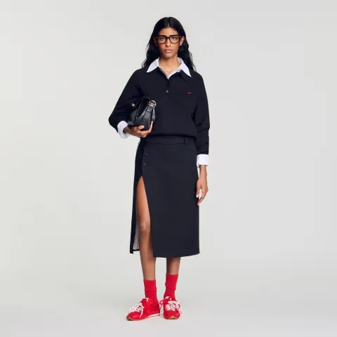 Mid-length slit wool skirt