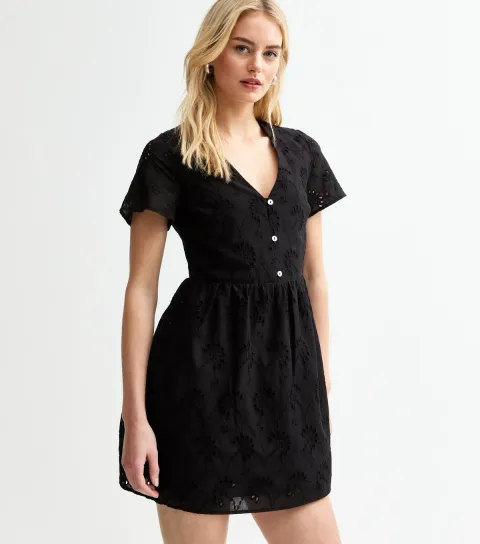 Women's Tall Black Broderie Anglaise Mini Dress