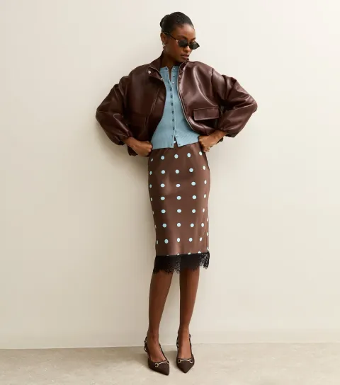 Women's Brown Satin Polka Dot Lace Hem Midi Skirt