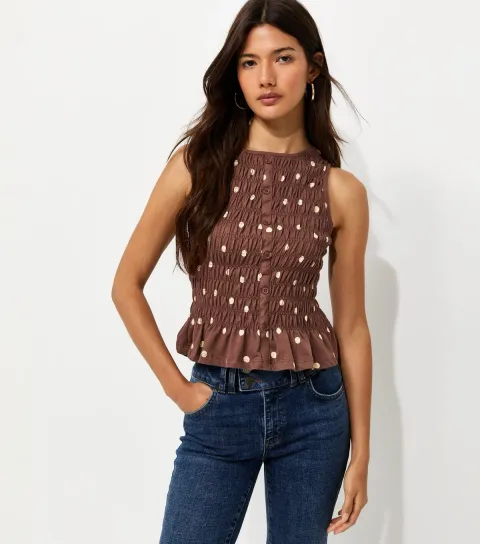 Women's Brown Cotton Spot Print Shirred Faux Button Front Top