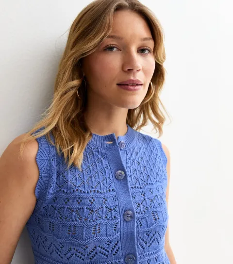 Women's Blue Cotton Rich Crochet Look Knit Waistcoat