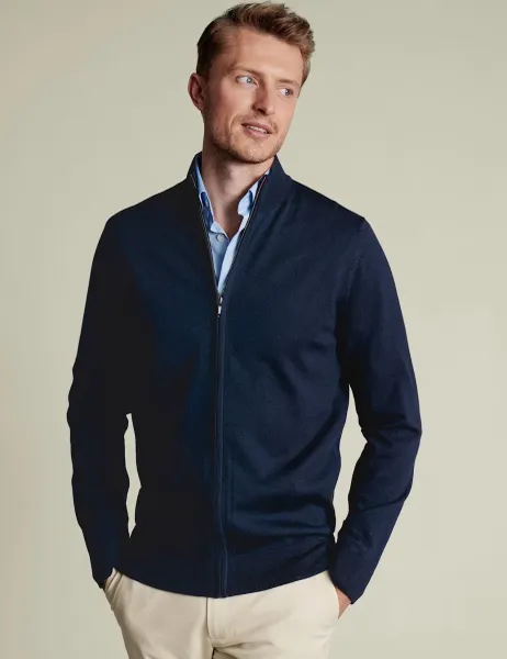Charles Tyrwhitt Pure Merino Wool Funnel Neck Cardigan Navy