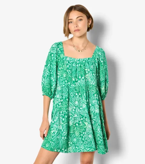 Women's Green Floral Print Tiered Dress