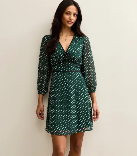 Women's Green Polka Dot Long Sleeve mini Dress