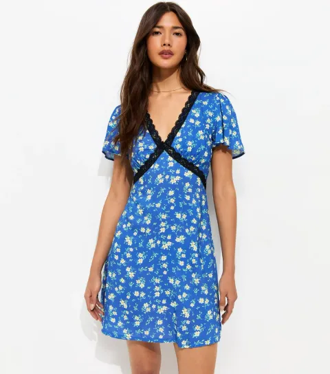 Women's Blue Ditsy Lace V Neck Mini Dress