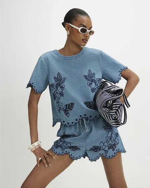 River Island Denim Broderie Short Sleeve Top