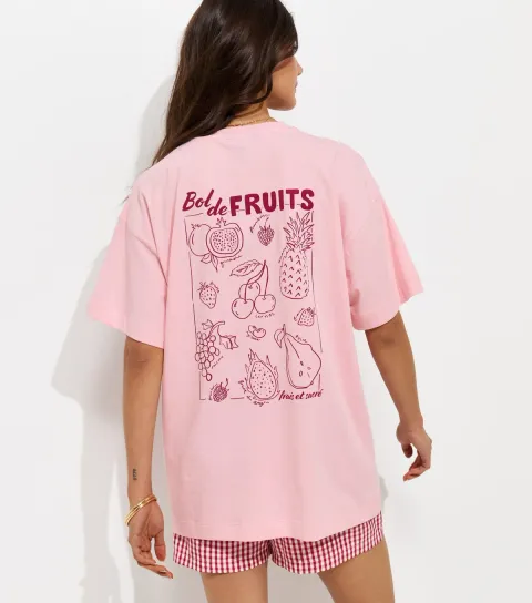 Women's Light Pink Cotton Fruit Print Oversized T-Shirt