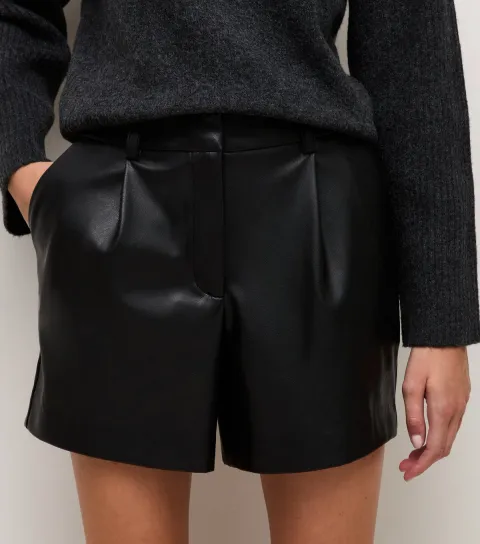 Women's Black Faux Leather Tailored Shorts