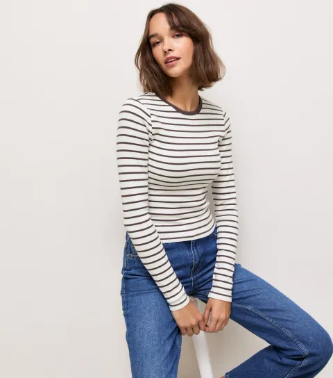 New Look Women's Brown Cotton Rich Striped Ringer Long Sleeve T-Shirt