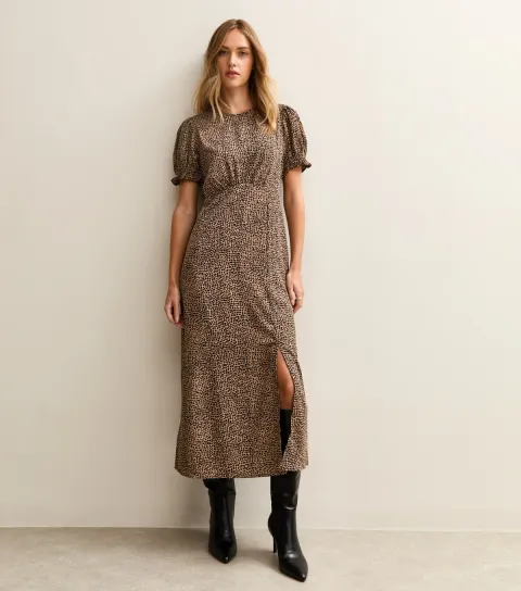 Women's Brown Animal Print Puff Sleeve Midi Dress
