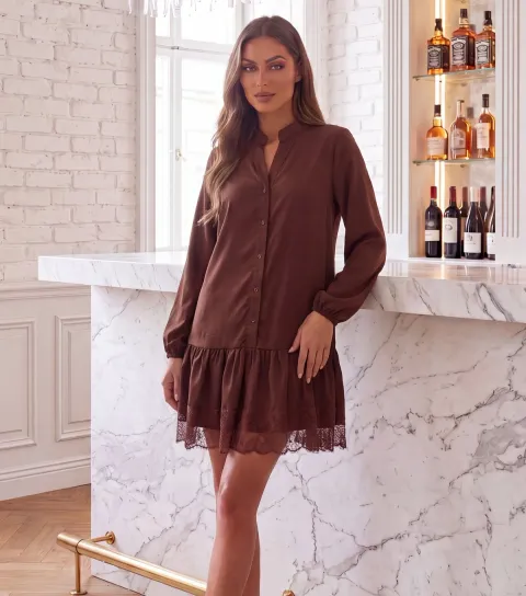 AX Paris Women's Dark Brown Lace Hem Smock Shirt Mini Dress