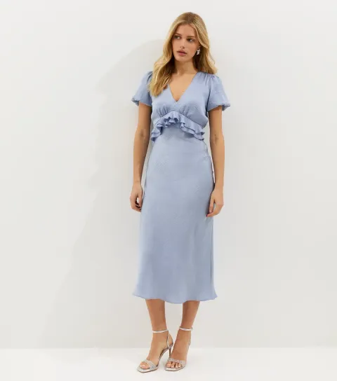 Women's Blue Satin Ruffle Trimmed V-Neck Midi Dress