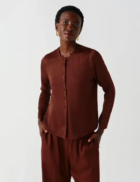 Ghost Satin Round Neck Button Through Blouse Brown