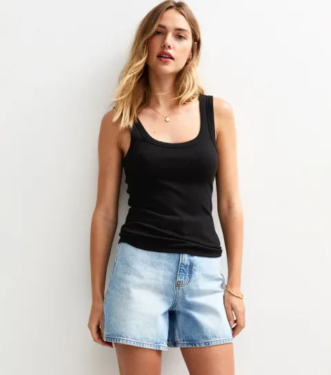 Women's Black Wide Strap Scoop Neck Ribbed Vest
