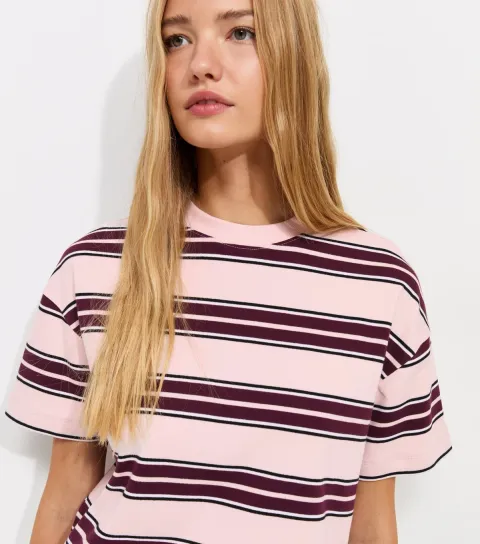New Look Women's Premium Pink Cotton Striped Boxy T-Shirt