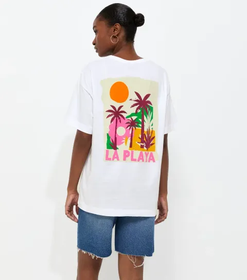 Women's White Cotton La Playa Oversized T-Shirt
