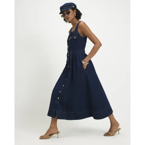River Island Denim Belted Pocket Longline Midi Dress