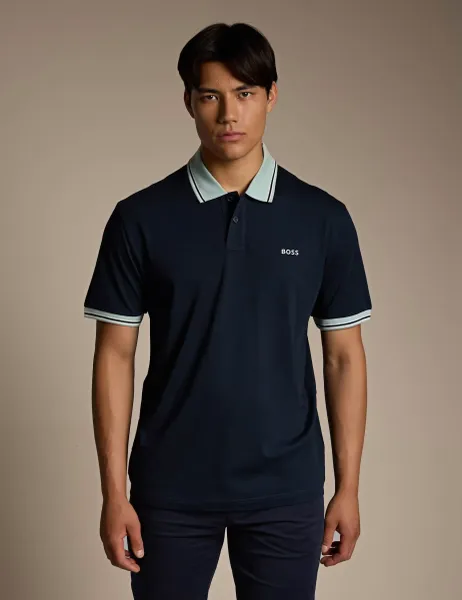 Cotton Jersey Polo Shirt With Stripe Trims Navy