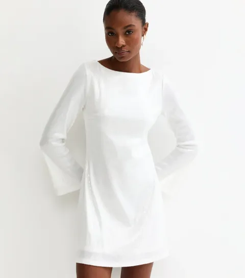 Women's White Sequinned Long Sleeve Mini Dress