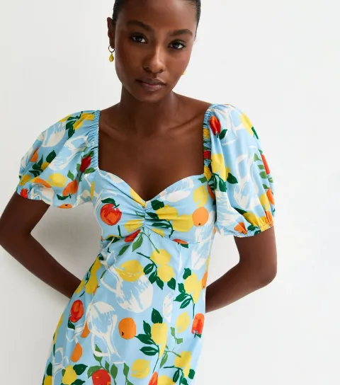 Women's Light Blue Crepe Fruit Print Midi Dress