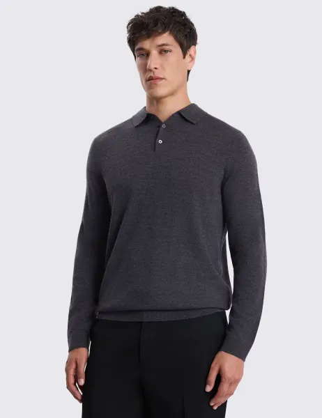 Moss Merino Wool Rich Knitted Polo Shirt Charcoal