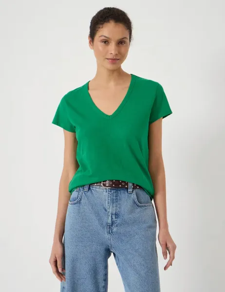 HUSH Pure Cotton Textured V-Neck T-Shirt Green