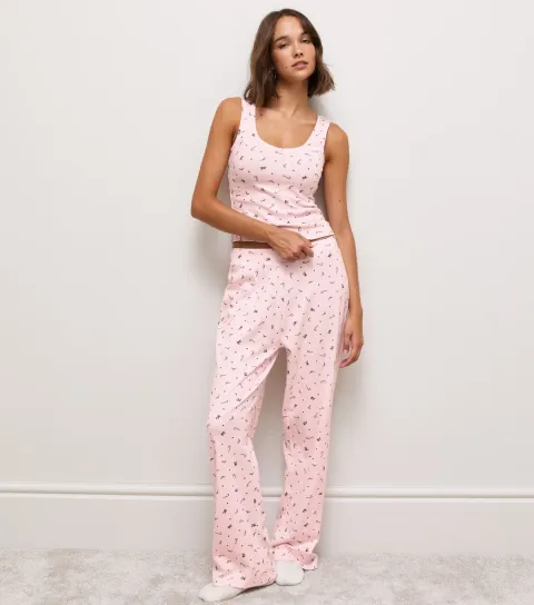 New Look Women's Pink Cotton Pointelle Candy Cane Print Wide Leg Trousers