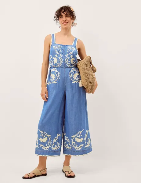 Monsoon Denim Embroidered Cropped Jumpsuit Blue Denim