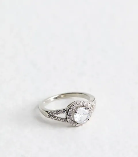 Silver Tone Cubic Zirconia Round Engagement Ring