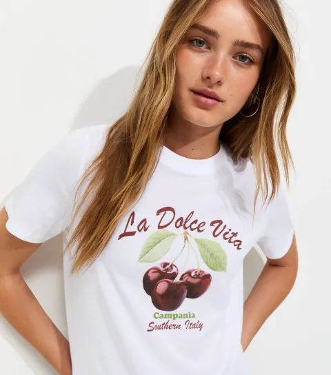 Women's White Cotton Cherry Print Crew Neck T-Shirt