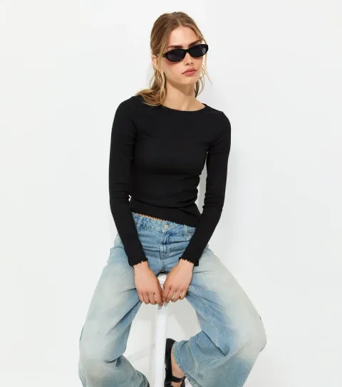 Women's Black Cotton Rich Babylock Slash Neck Long Sleeve Top