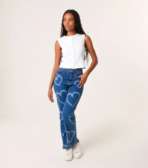 Women's Dark Blue Spray Heart Jeans
