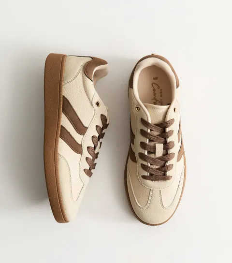 Women's Light Brown Pebbled Faux Leather Contrast Stripe Panelled Trainers Vegan