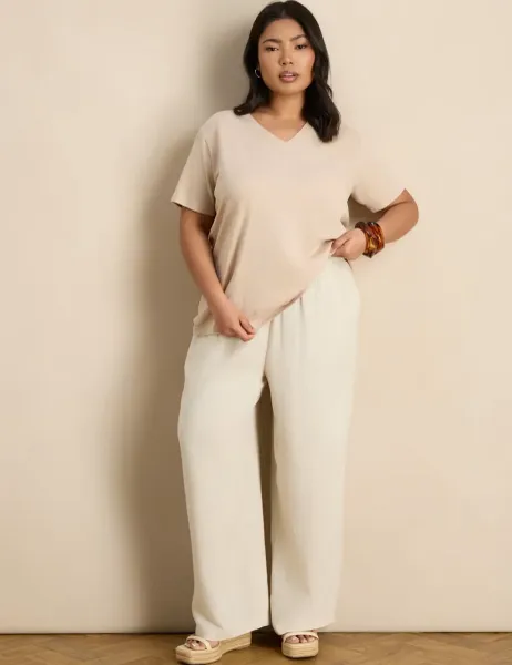 Live Unlimited London Linen Blend Drawstring Wide Leg Trousers Oatmeal