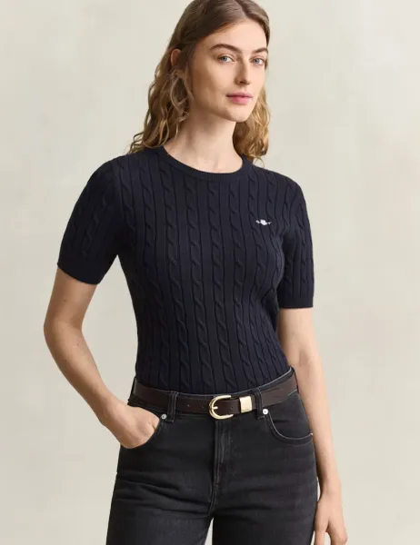 Gant Cotton Rich Cable Crew Neck Knitted T-Shirt Navy