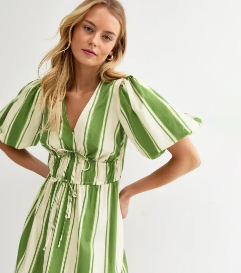 Women's Tall Green Striped Puff Sleeve Midi Dress