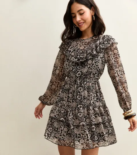 Women's Black Floral Print Ruffled Long Sleeve Mini Dress