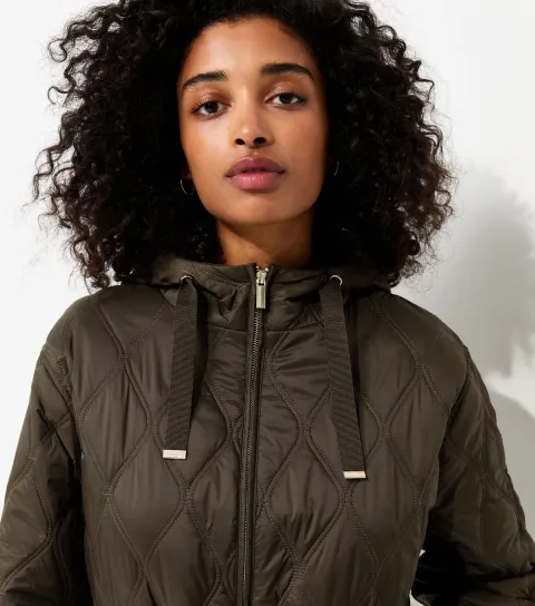 Women's Dark Khaki Quilted Cinched Waist Hooded Jacket