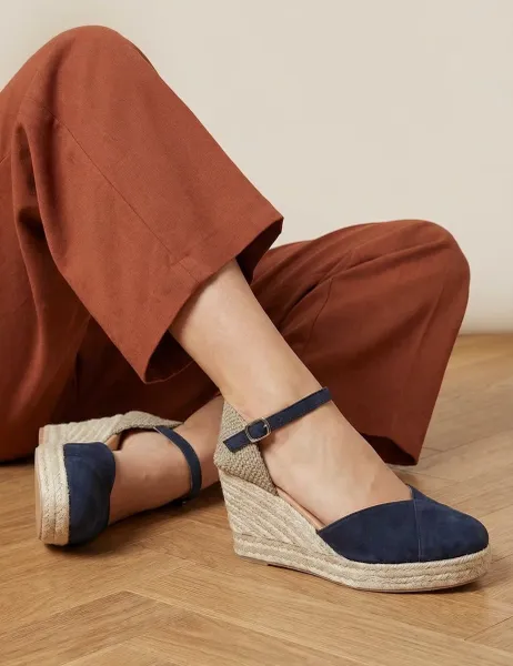 Jones Bootmaker Ankle Strap Wedge Closed Toe Espadrilles Navy
