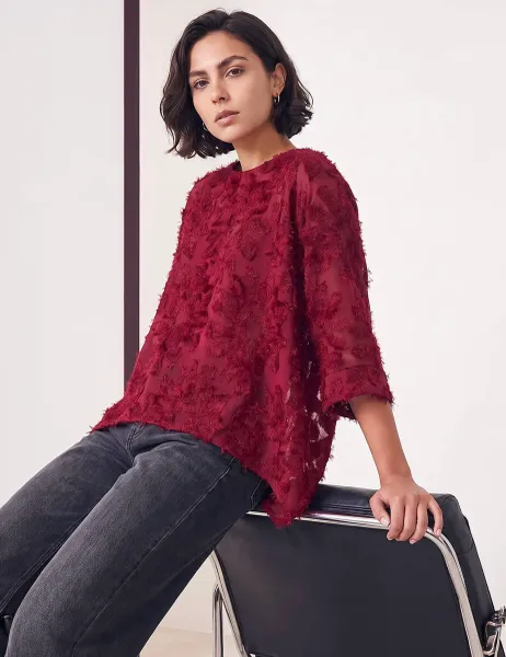 Roman Textured Floral Round Neck Overlay Top Burgundy Mix