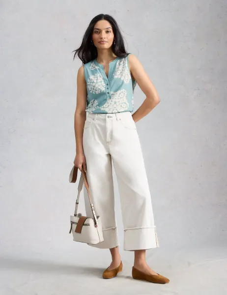 White Stuff Pure Cotton Printed Notch Neck Vest Top Teal