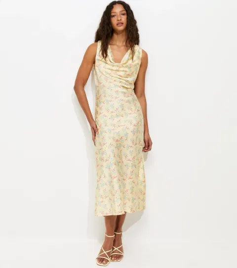 Women's Yellow Satin Floral Cowl Neck Midi Dress