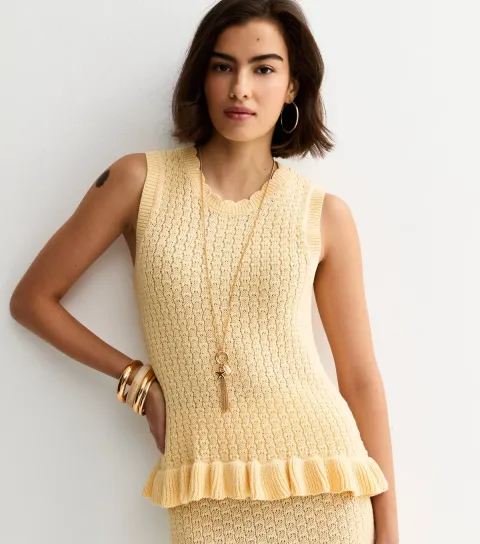 New Look Women's Yellow Cotton Rich Textured Knit Frill Hem Vest